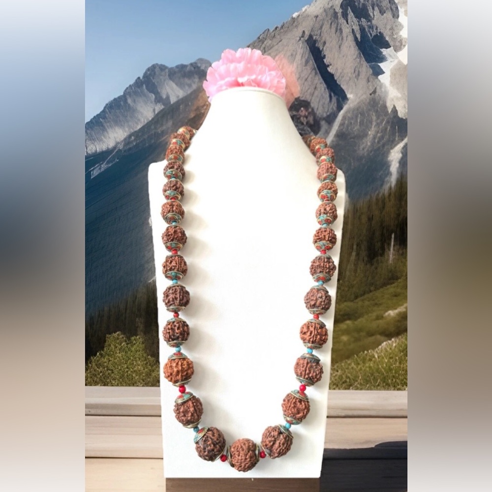 Vintage Rudraksha Yoga Necklace Capped With Bronze Inlay Turquoise & Coral 35”in - Picture 5 of 10